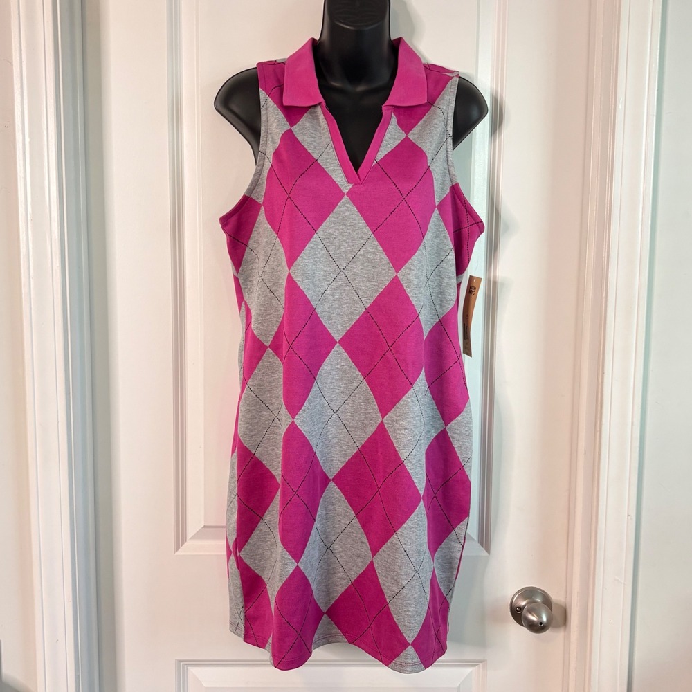 Madden NYC Women XL Pink Grey Argyle Sleeveless Polo Mini Dress NWT ND038BJ70